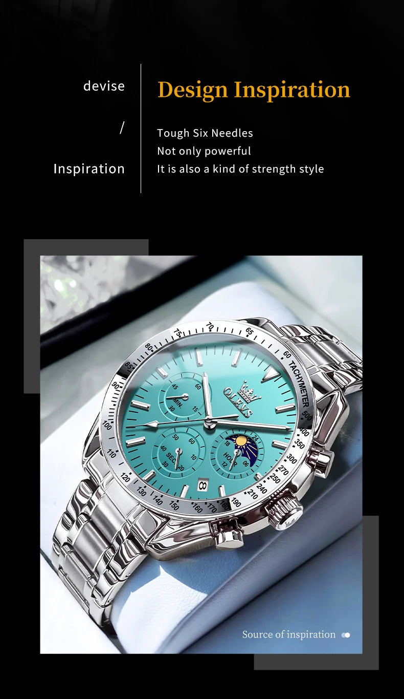 OLEVS Original Quartz Man Watch Stainless Steel Moon Phase Waterproof Chronograph Men's Wristwatches Auto Date Hand Clock 3618