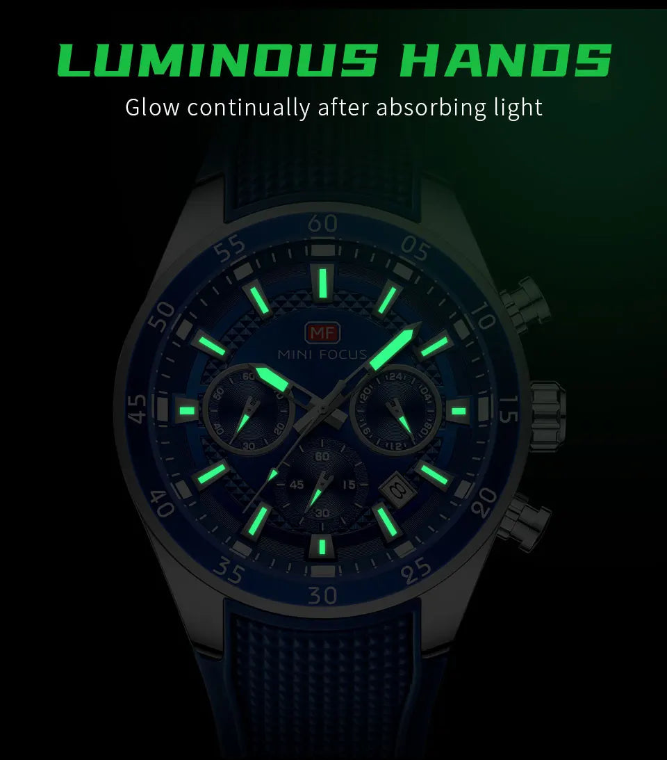 2026 New MINI FOCUS Men's Sports Quartz Watch Casual Analog Wrist Watch with Luminous Hands Silicone Strap Date Water Resistant