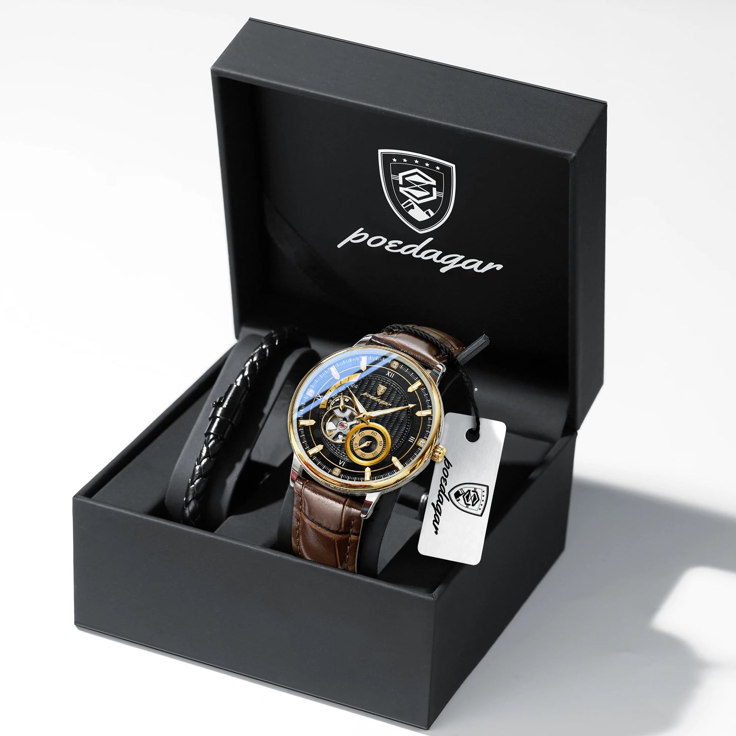 POEDAGAR Military Sport Man Watch Waterproof Luminous Hollow Tourbillon Men Clock Automatic Mechanical Leather Men's Watches+Box