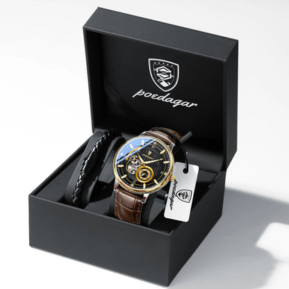 POEDAGAR Military Sport Man Watch Waterproof Luminous Hollow Tourbillon Men Clock Automatic Mechanical Leather Men's Watches+Box