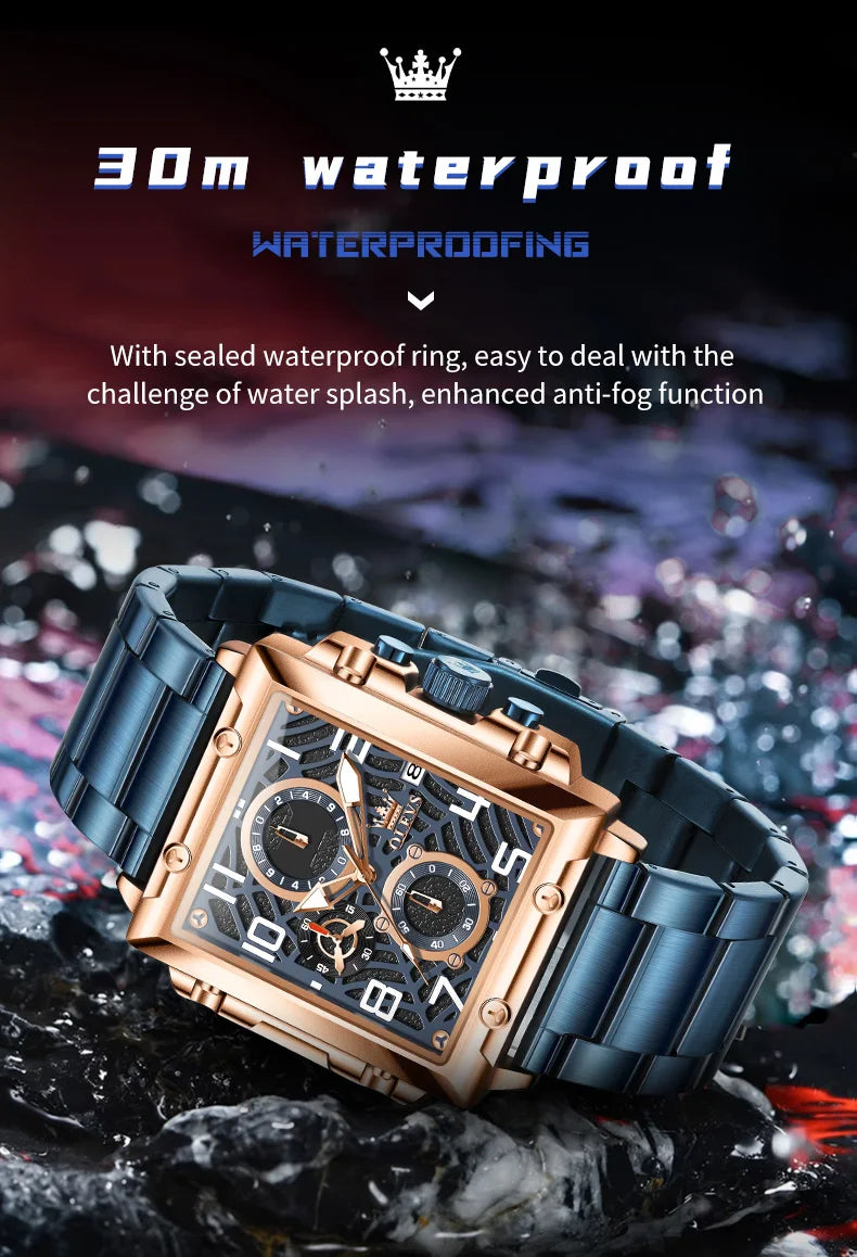 OLEVS Brand Square Multifunctional Quartz Watch for Men Stainless Steel Waterproof Sport Chronograph Mens Watches Reloj Hombre