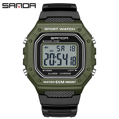 SANDA Fashion 2156 Men's Electronic Watch Movement Rectangular Sports Waterproof LED Display Screen Dial Men's Electronic Watch