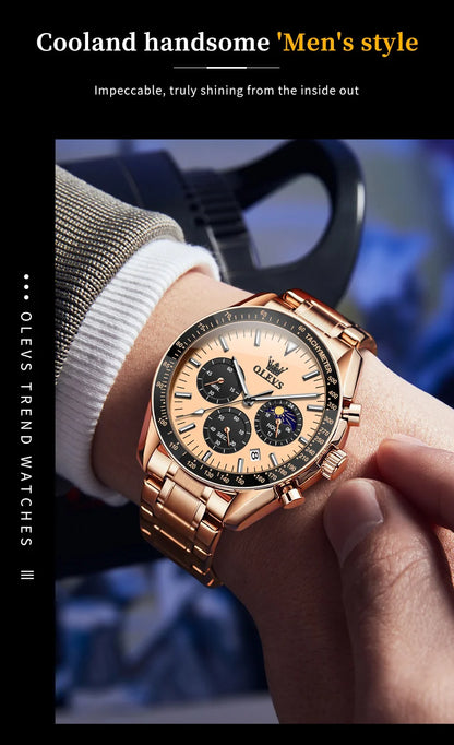 OLEVS Original Quartz Man Watch Stainless Steel Moon Phase Waterproof Chronograph Men's Wristwatches Auto Date Hand Clock 3618