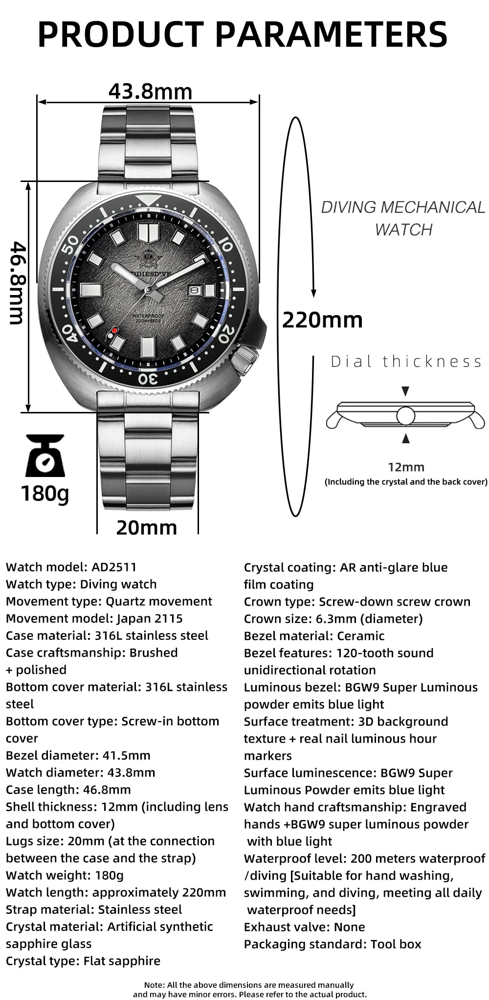ADDIESDIVE Watch For Man AD2511 Sapphire Glass Window Display BGW9 Luminous 200M waterproof 316L Stainless Steel Quartz Watches