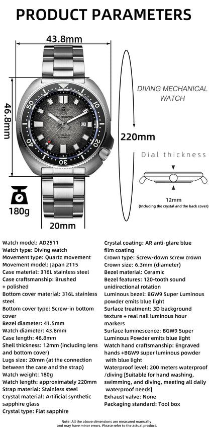 ADDIESDIVE Watch For Man AD2511 Sapphire Glass Window Display BGW9 Luminous 200M waterproof 316L Stainless Steel Quartz Watches
