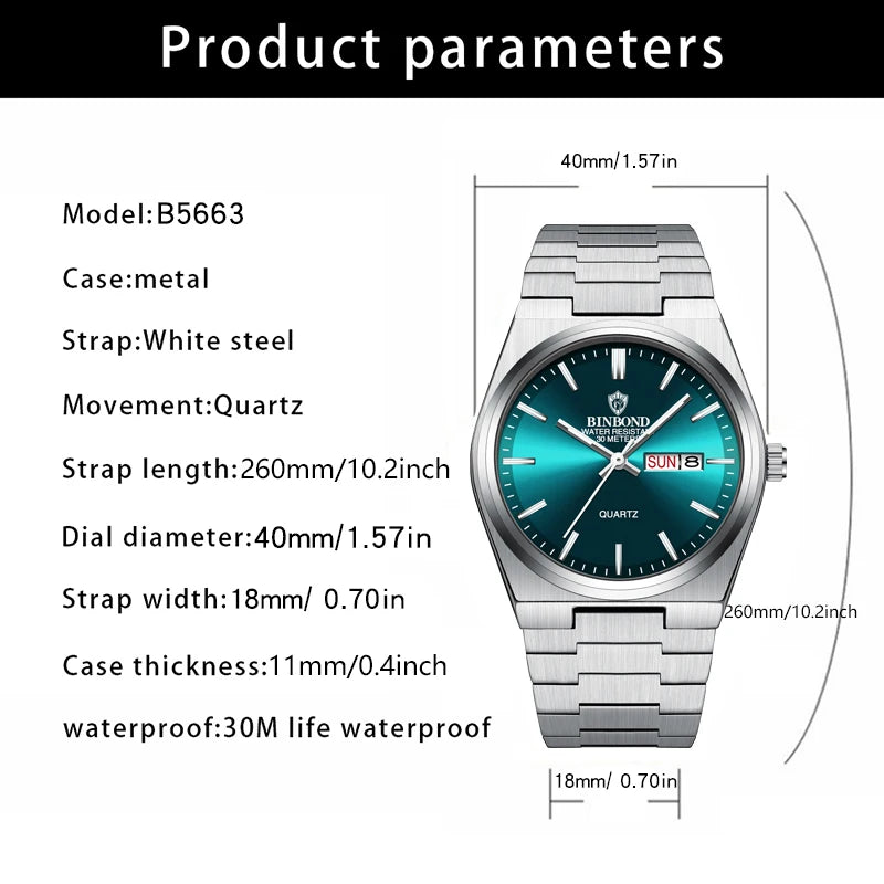 BINBOND Men's Fashion Business Watch Quartz Movement Stainless Steel Buckle Waterproof Luminous Calendar Leisure Watch