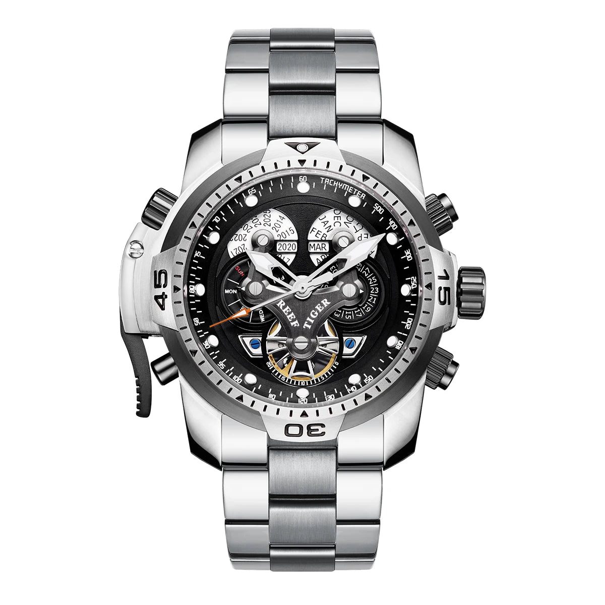 Reef Tiger/RT Designer Stainless Steel Completed Calendar Automatic Watch Men Date Rose Gold Bracelet Mechanical Watches RGA3503