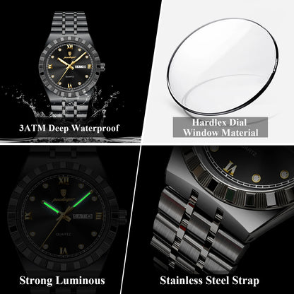 POEDAGAR Business Male Watches Waterproof Luminous Week Date Fashion Men's Wristwatch Stainless Steel Quartz Watch For Men Reloj