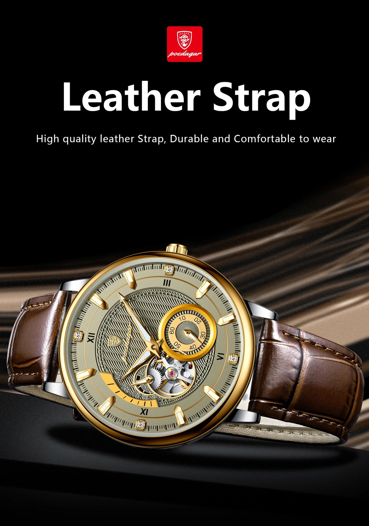 POEDAGAR Military Sport Man Watch Waterproof Luminous Hollow Tourbillon Men Clock Automatic Mechanical Leather Men's Watches+Box