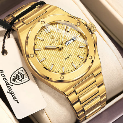 POEDAGAR Original Men Clock Quartz Date Week Luxury Man Wristwatch Waterproof Luminous Stainless Steel Sport Men's Watches Reloj