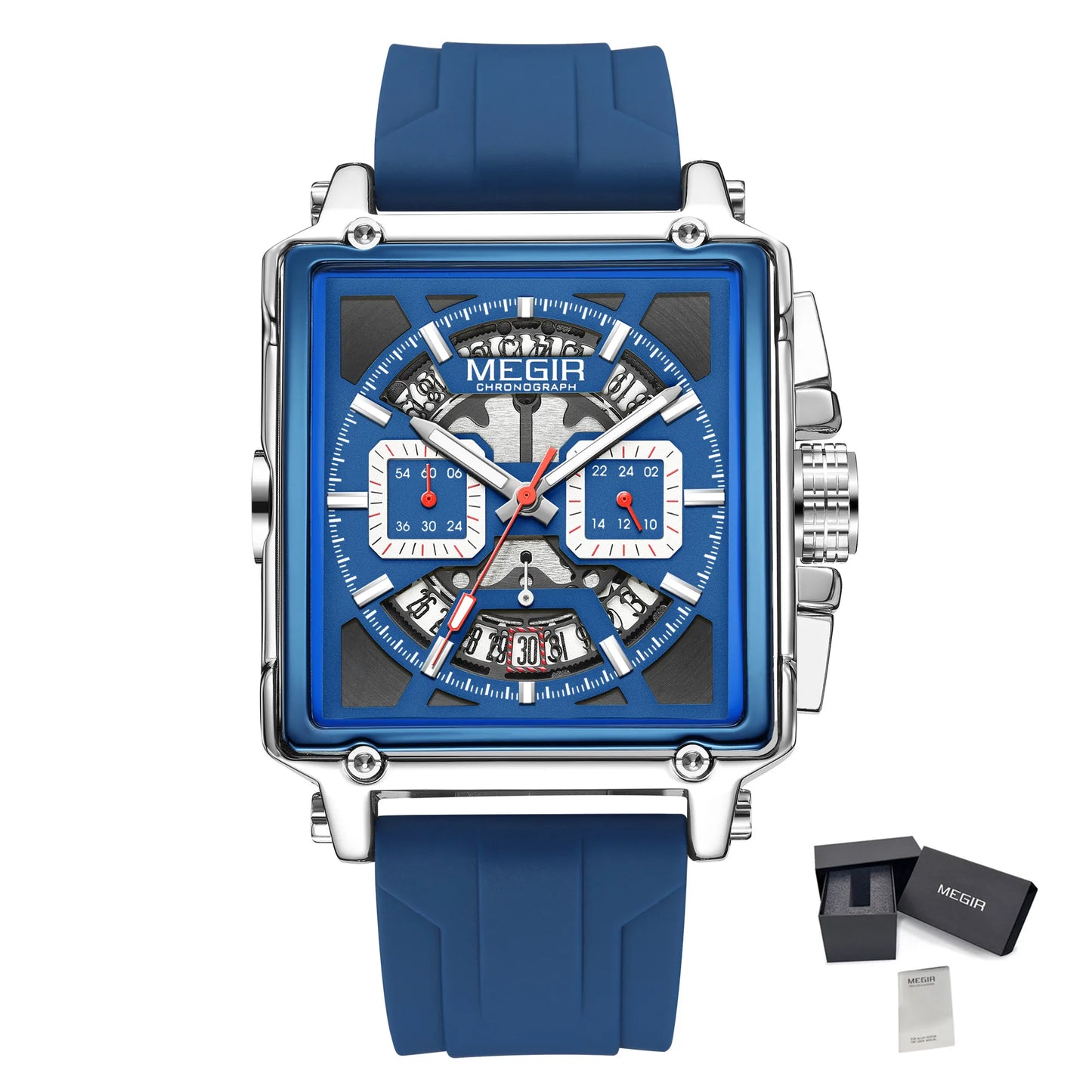 MEGIR Sport Watches for Men Waterproof Quartz Military Wristwatches Square Dial Male Chronograph Watch 24-hour Reloj Hombre 2233