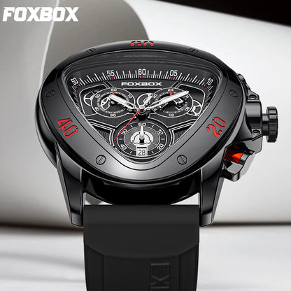 FOXBOX Fashion Luxury Quartz Man Watch Creative Big Dial Chronograph Date Nylon Strap Casual Sport Triangle Men's Watches Clocks