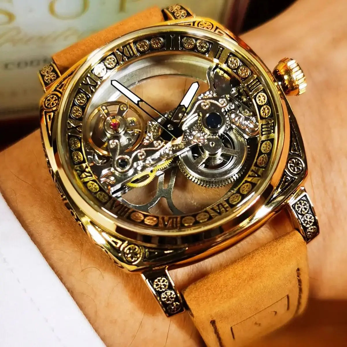 Forsining Vintage Square Skeleton Automatic Mechanical Watch for Men Engraved Case Steel Leather Strap Business Mens Watches
