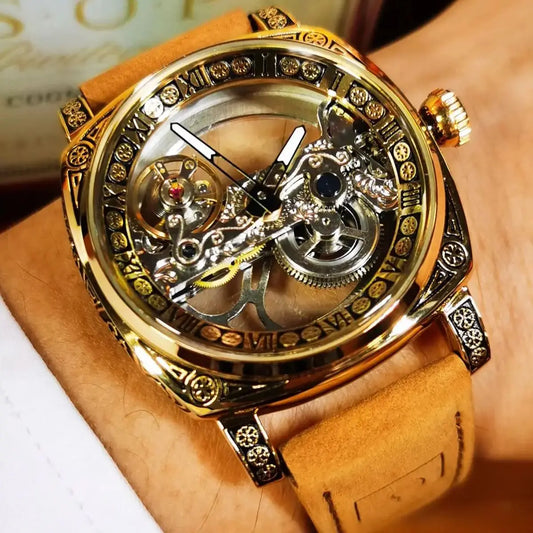 Forsining Vintage Square Skeleton Automatic Mechanical Watch for Men Engraved Case Steel Leather Strap Business Mens Watches