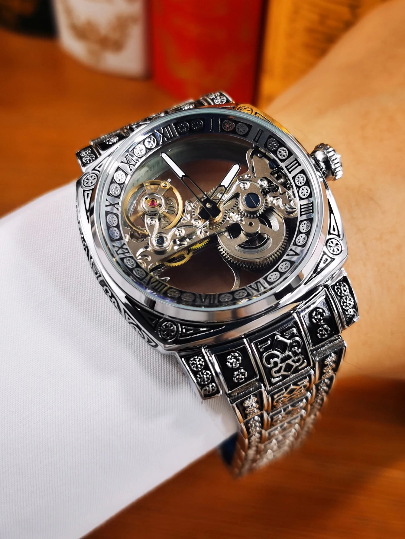 Forsining Vintage Square Skeleton Automatic Mechanical Watch for Men Engraved Case Steel Leather Strap Business Mens Watches