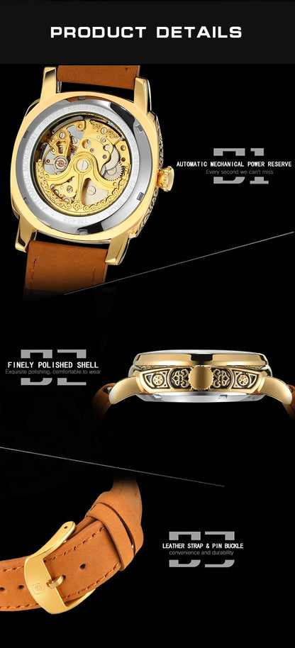 Forsining Royal Retro Skeleton Automatic Mechanical Watch for Men Leather Strap Business Casual Mens Watches Top Brand Gifts New