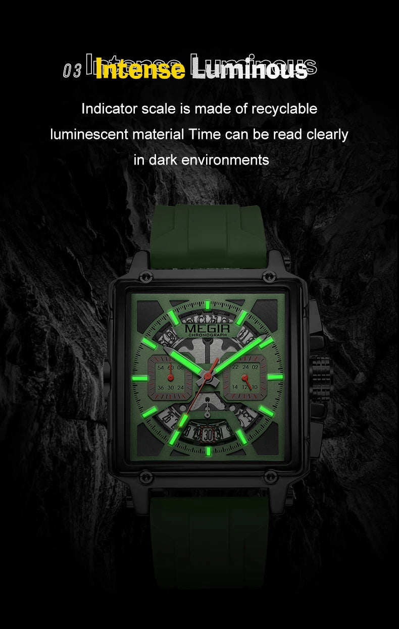 MEGIR Sport Watches for Men Waterproof Quartz Military Wristwatches Square Dial Male Chronograph Watch 24-hour Reloj Hombre 2233