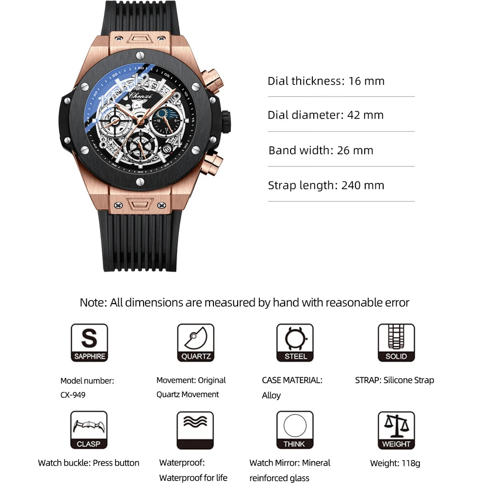 CHENXI Men's Fashion Silicone Chronograph Watch Multifunctional Cool Luminous Quartz Starry Lunar Phases Sport Wristwatch