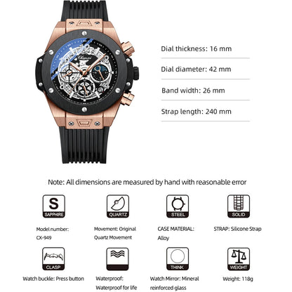 CHENXI Men's Fashion Silicone Chronograph Watch Multifunctional Cool Luminous Quartz Starry Lunar Phases Sport Wristwatch