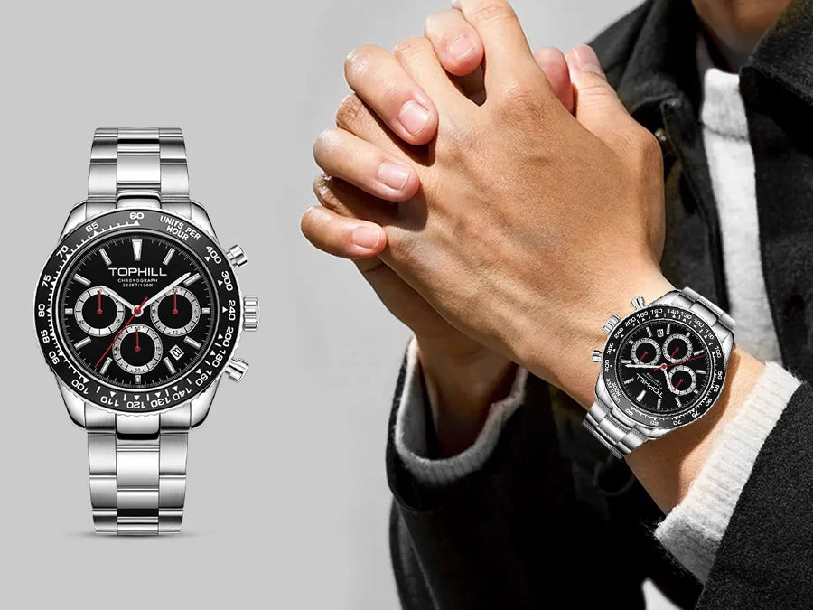 TOPHILL Racing Chronograph Men’s Quartz Watch Panda dial Tachymeter Bezel Sport Wristwatch Stainless Steel 100M Waterproof