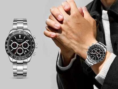 TOPHILL Racing Chronograph Men’s Quartz Watch Panda dial Tachymeter Bezel Sport Wristwatch Stainless Steel 100M Waterproof