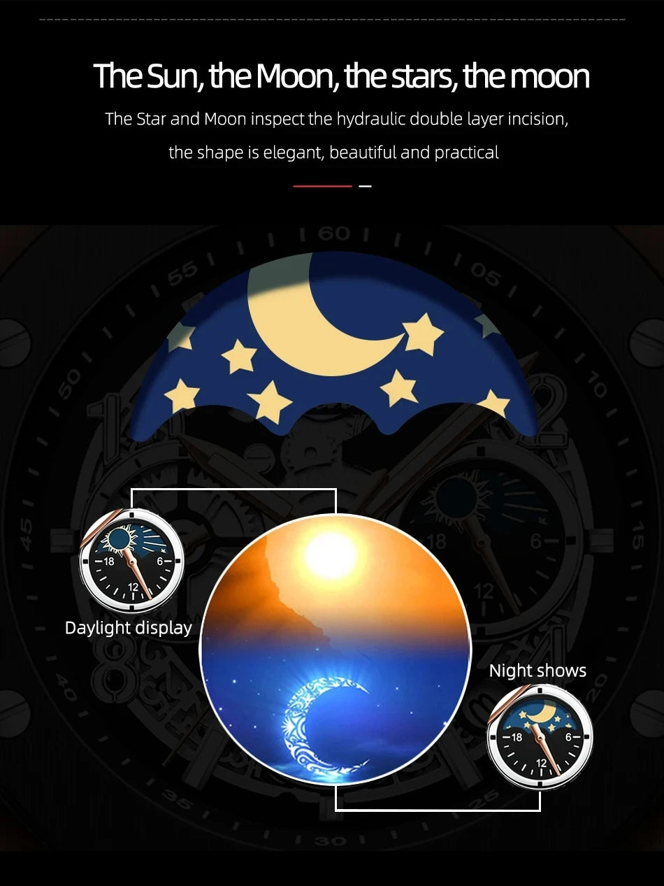 CHENXI Men's Fashion Silicone Chronograph Watch Multifunctional Cool Luminous Quartz Starry Lunar Phases Sport Wristwatch