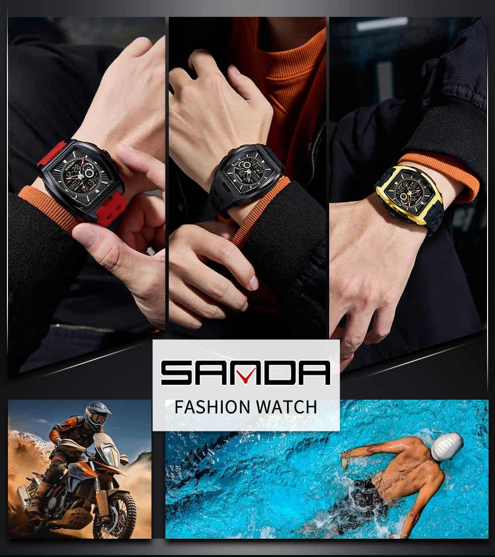 SANDA Luxury Men Wristwatch Electronic LED Display Luminous Sports Man Watch Quartz Waterproof Military Alarm Date Watches Male