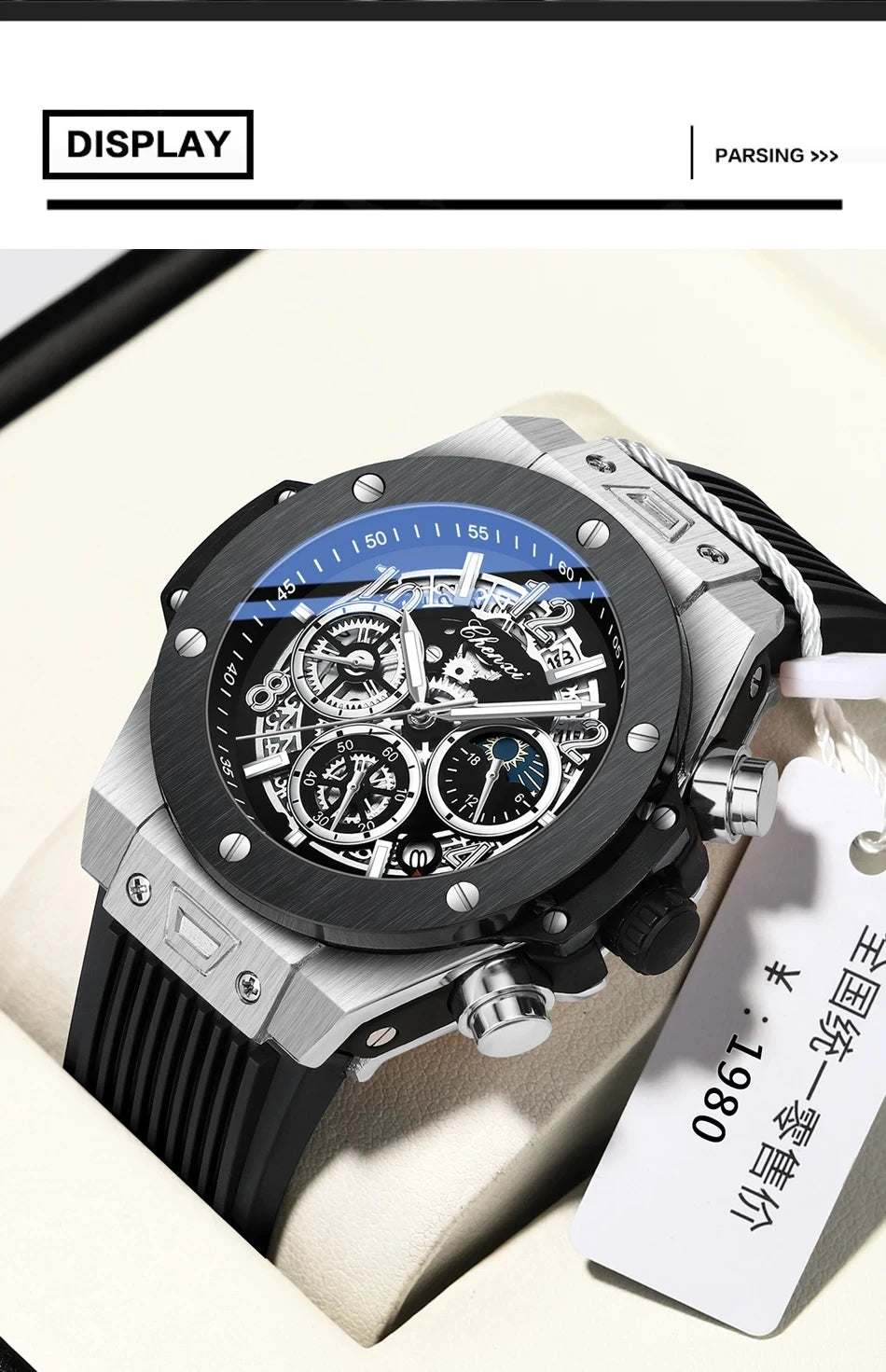 CHENXI Men's Fashion Silicone Chronograph Watch Multifunctional Cool Luminous Quartz Starry Lunar Phases Sport Wristwatch
