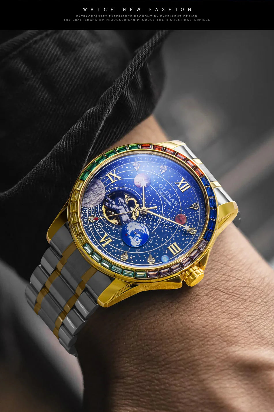 New GLENAW Rotating Earth Mechanical Watch Men Space astronaut dial Night Light Waterproof Stainless Steel Strap Automatic Watch
