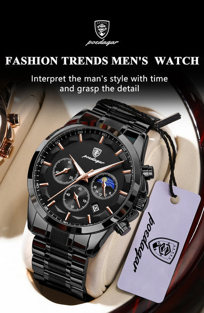 POEDAGAR Top Business Men's Watches Waterproof Luminous Stainless Steel Fashion Men Wristwatch Chronograph Date Man Quartz Watch