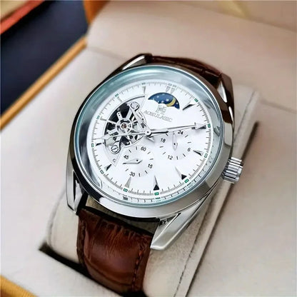 Luxury Men's Automatic Mechanical Watch, Cool Hemispherical Design, Best-Selling Men's Watch, Moon Phase Pointer, Skeleton Design, the Best Gift for Him, No Battery Needed
