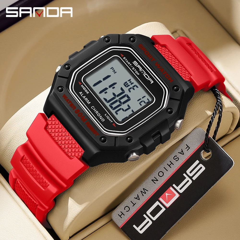 SANDA Fashion 2156 Men's Electronic Watch Movement Rectangular Sports Waterproof LED Display Screen Dial Men's Electronic Watch