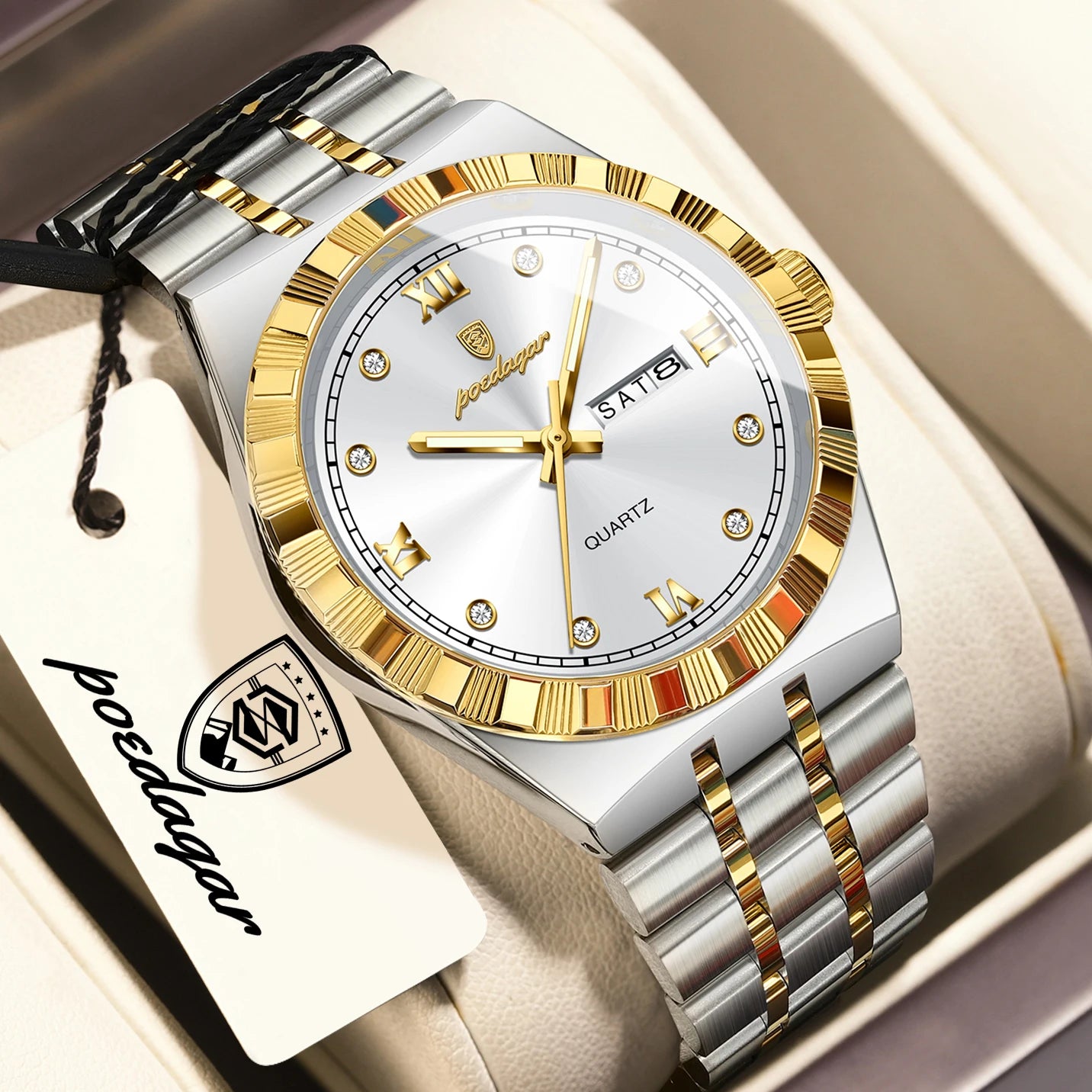 POEDAGAR Business Male Watches Waterproof Luminous Week Date Fashion Men's Wristwatch Stainless Steel Quartz Watch For Men Reloj