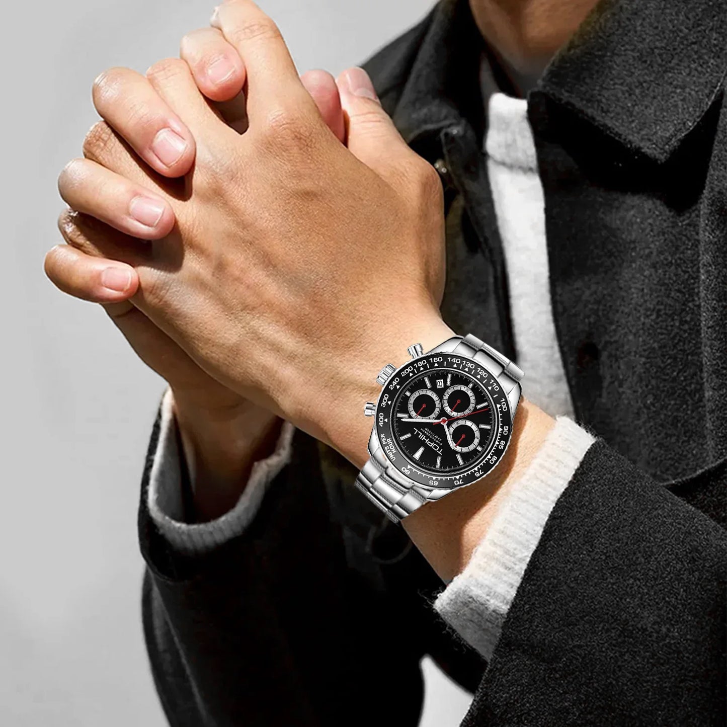 TOPHILL Racing Chronograph Men’s Quartz Watch Panda dial Tachymeter Bezel Sport Wristwatch Stainless Steel 100M Waterproof