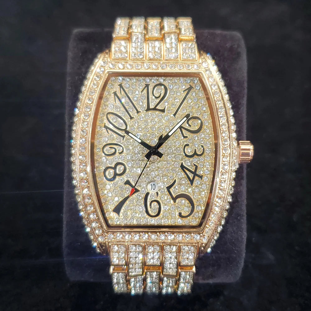 1pcs Quartz Men's Watch Luxury Fashion Wristwatch Hip-Hop Street Style Full Diamond Tonneau Date Watches for Party Accessory