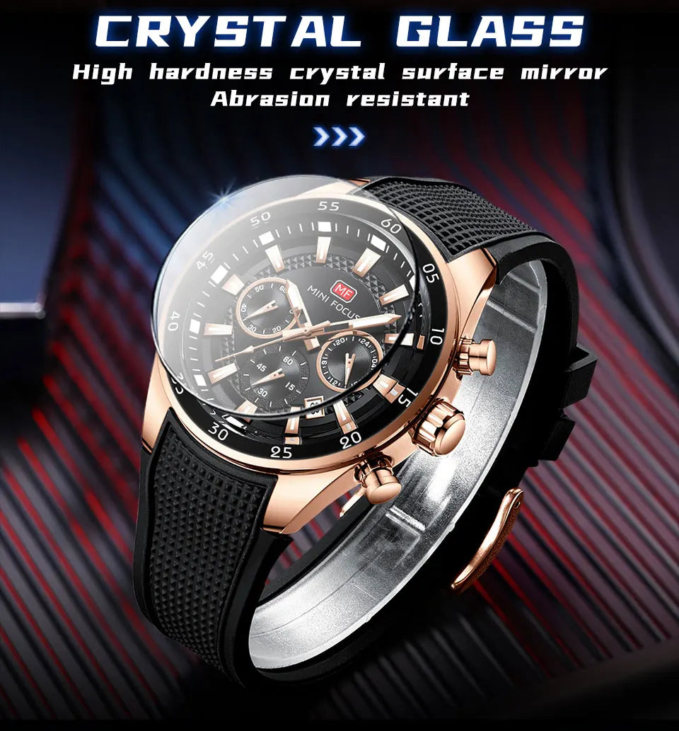2026 New MINI FOCUS Men's Sports Quartz Watch Casual Analog Wrist Watch with Luminous Hands Silicone Strap Date Water Resistant
