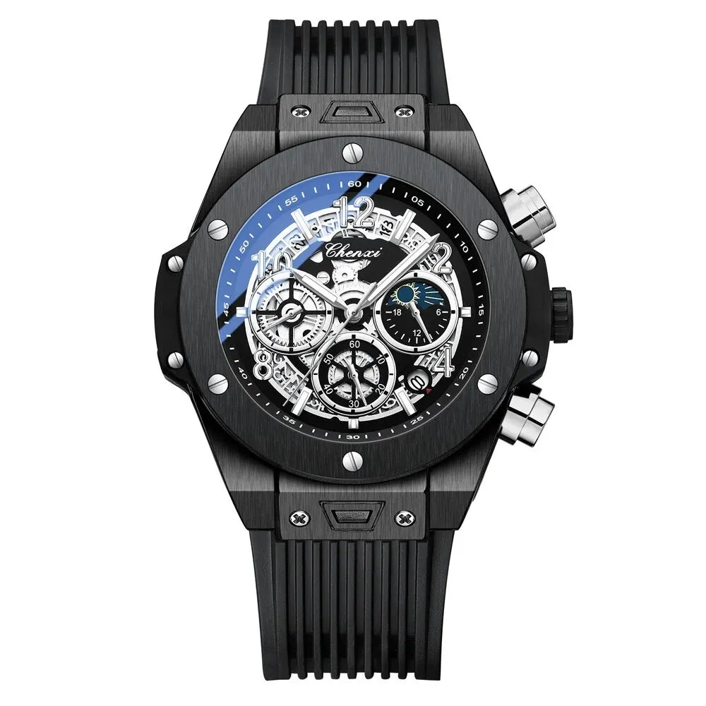 CHENXI Men's Fashion Silicone Chronograph Watch Multifunctional Cool Luminous Quartz Starry Lunar Phases Sport Wristwatch