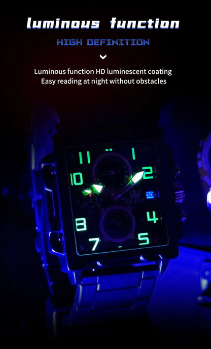 OLEVS Brand Square Multifunctional Quartz Watch for Men Stainless Steel Waterproof Sport Chronograph Mens Watches Reloj Hombre