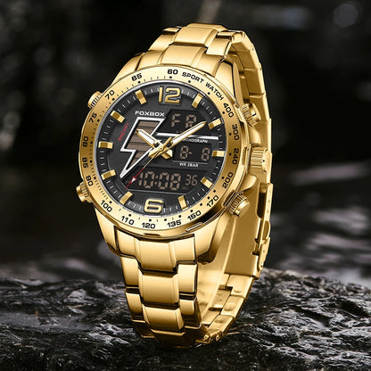 FOXBOX New Men Watches Dual Display 30M Waterproof Date Clock Wristwatch Fashion Sports Watch for Men Electronic Watches Man+Box