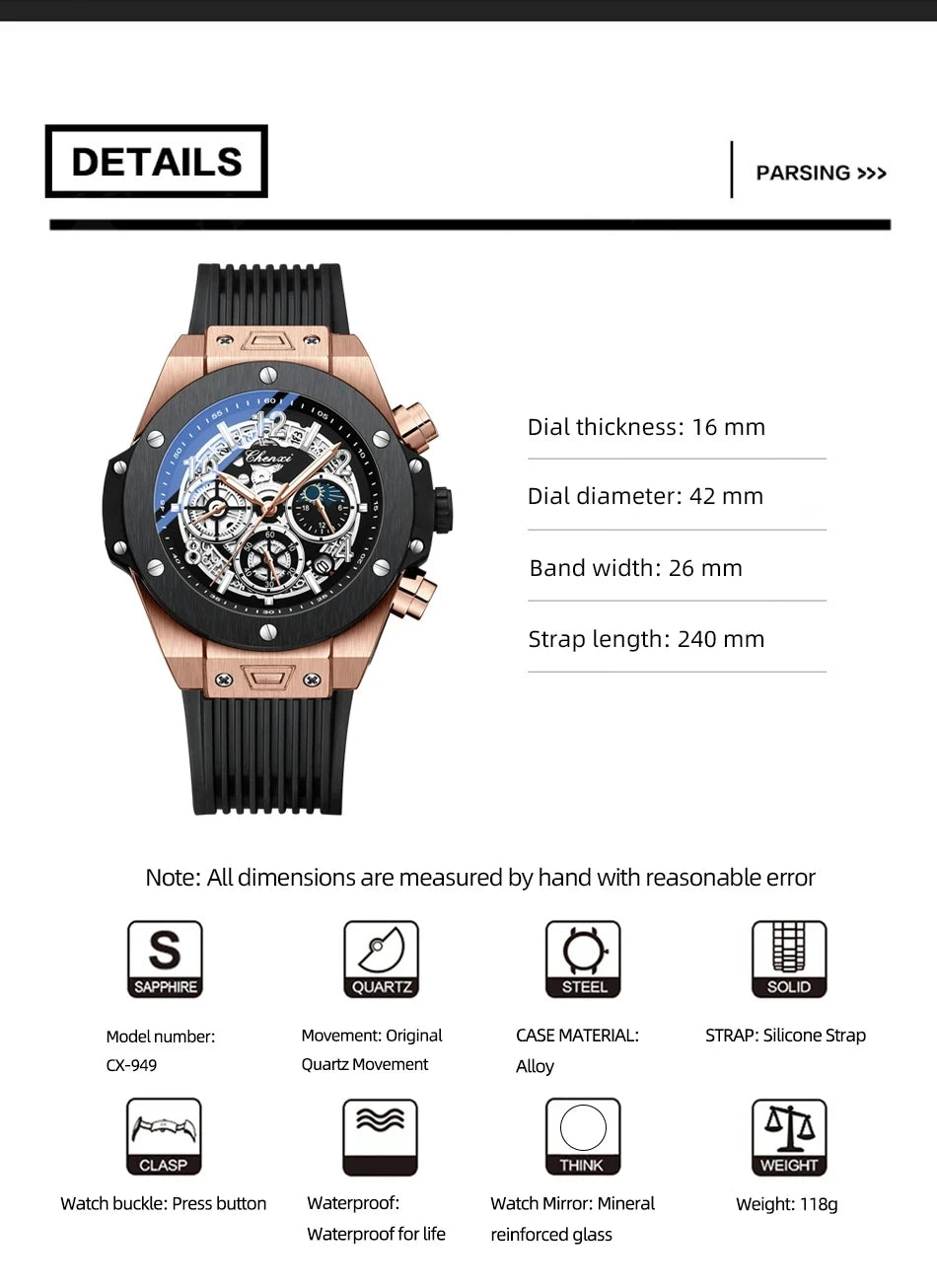 CHENXI Men's Fashion Silicone Chronograph Watch Multifunctional Cool Luminous Quartz Starry Lunar Phases Sport Wristwatch