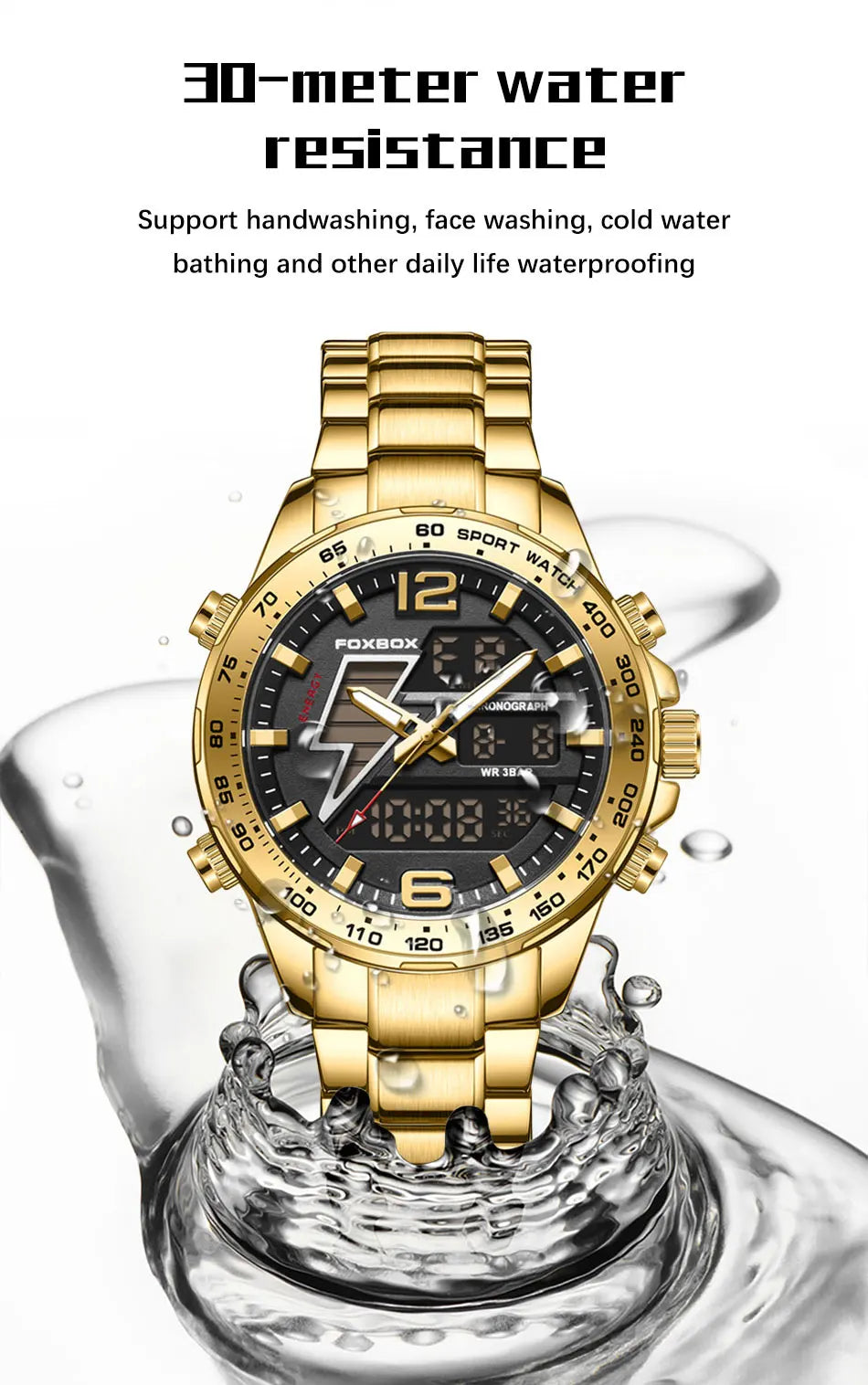 FOXBOX New Men Watches Dual Display 30M Waterproof Date Clock Wristwatch Fashion Sports Watch for Men Electronic Watches Man+Box