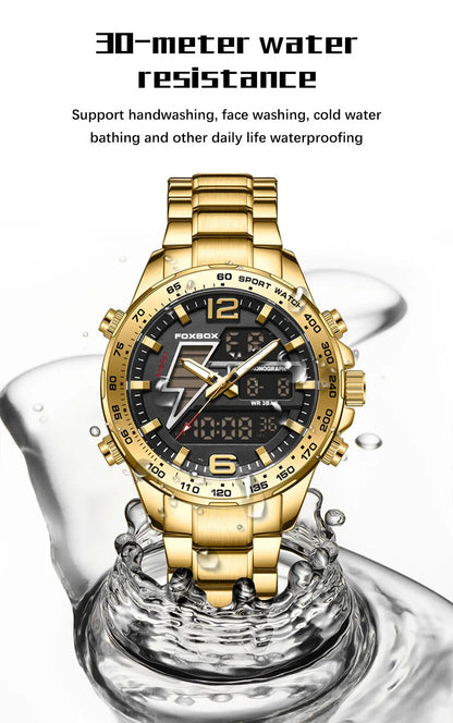 FOXBOX New Men Watches Dual Display 30M Waterproof Date Clock Wristwatch Fashion Sports Watch for Men Electronic Watches Man+Box