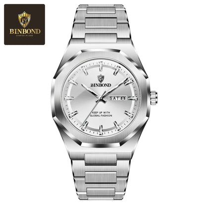 BINBOND Fashionable Men's Quartz Watch Dual Calendar Night Light Waterproof Trend Casual Business Sports Male Quartz Wristwatch