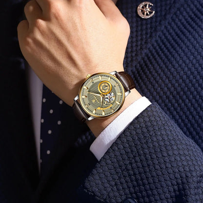 POEDAGAR Military Sport Man Watch Waterproof Luminous Hollow Tourbillon Men Clock Automatic Mechanical Leather Men's Watches+Box