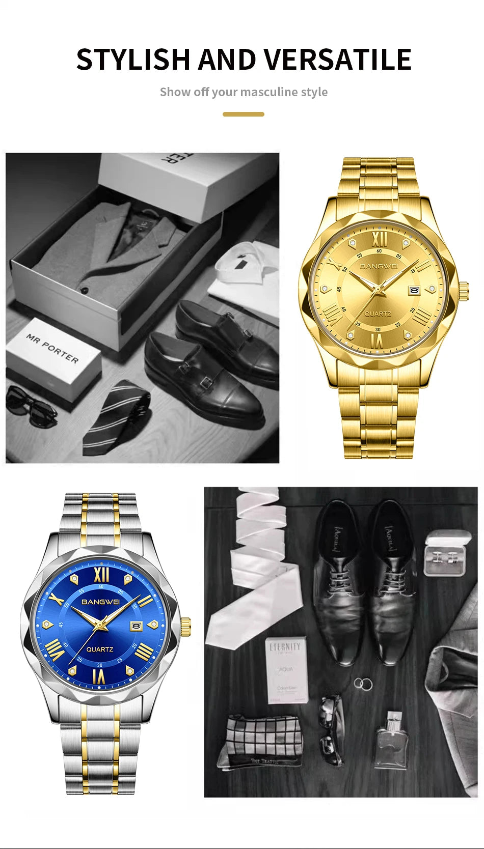 BANGWEI Quartz Watch For Men Luxury Calendar Waterproof Business Men's Wristwatch Luminous Big Dial Simple Man Watch hombre