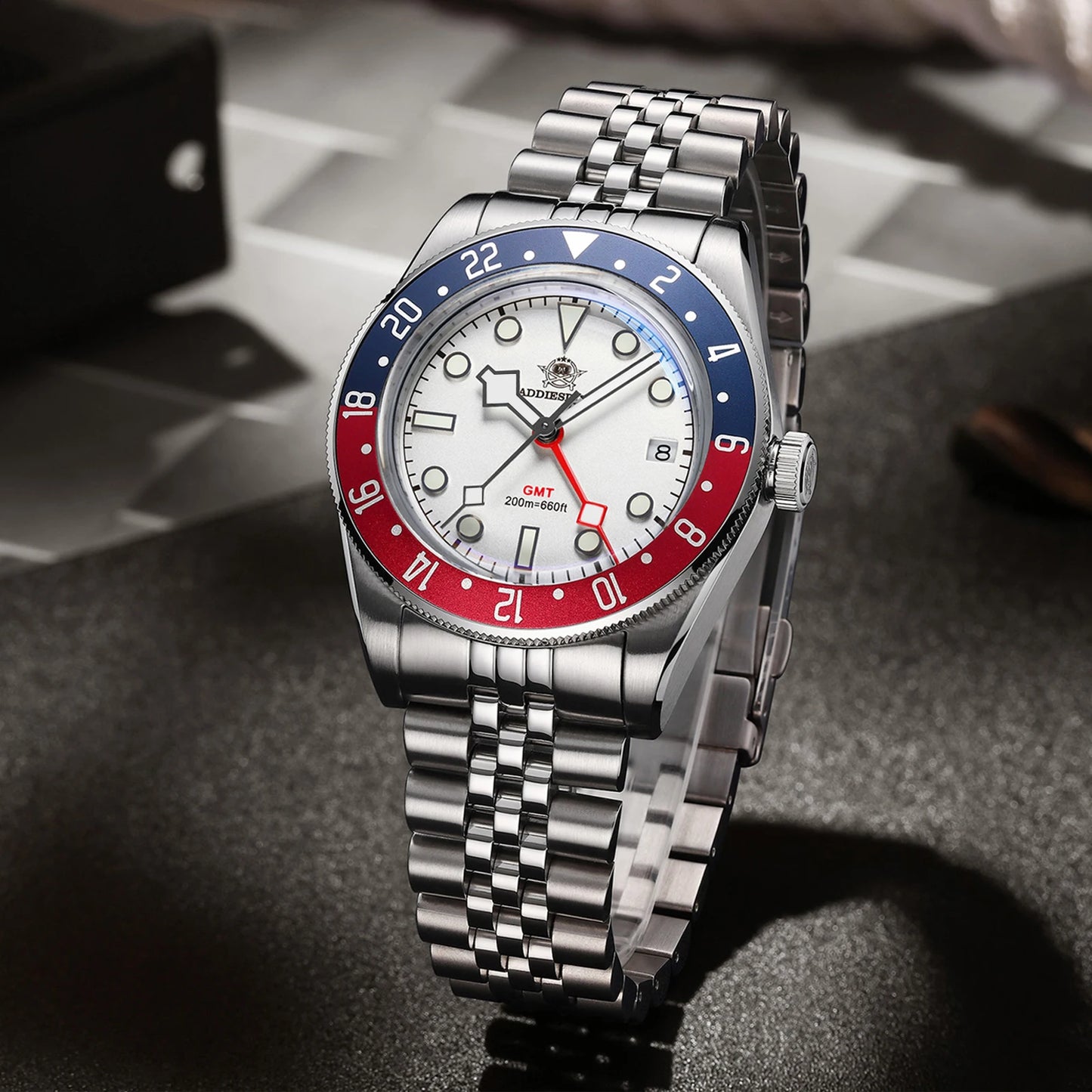 ADDIESDIVE Mens GMT Watches Luxury Stainless Steel Casual Quartz Watch Men Sport 200MM Waterproof Wristwatches Relogio Masculino