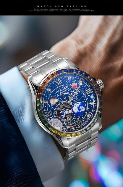 New GLENAW Rotating Earth Mechanical Watch Men Space astronaut dial Night Light Waterproof Stainless Steel Strap Automatic Watch