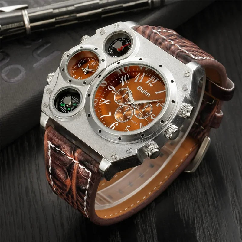 Oulm 1349 Unique Designer Brand Men's Sports Watch Two Time Zone Quartz Watches Big Dial Military Leather Band Wristwatch
