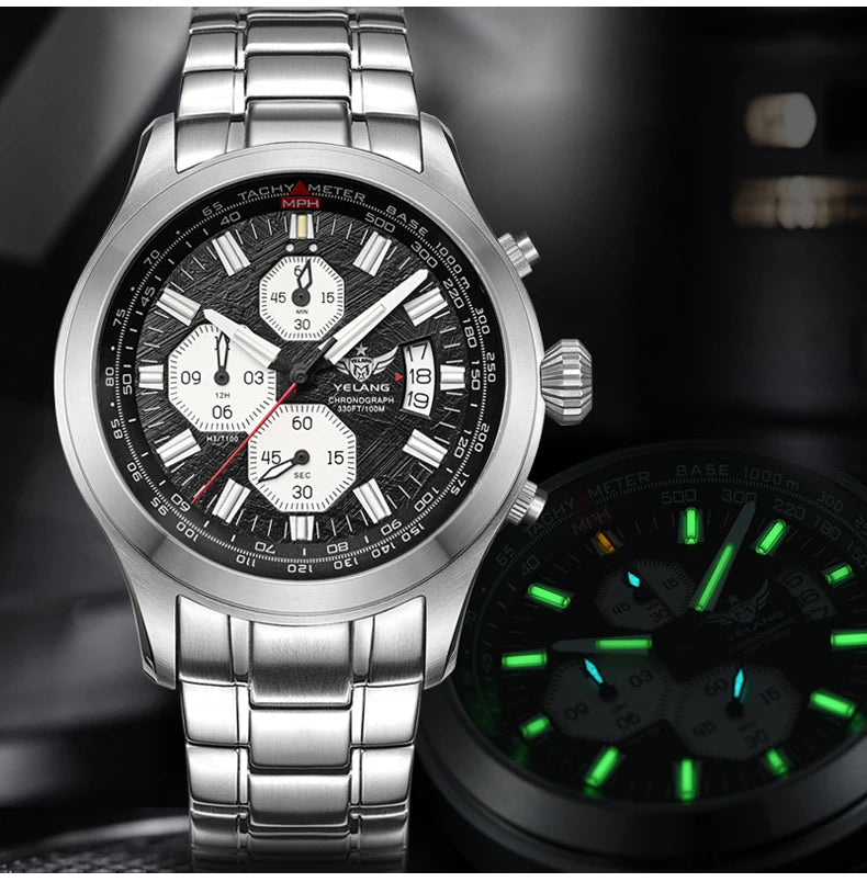 Yelang V1029S Men's Quartz Watch 42mm Japan OS00 Movement Luminous Stainless Steel 10Bar Waterproof Sports Watches