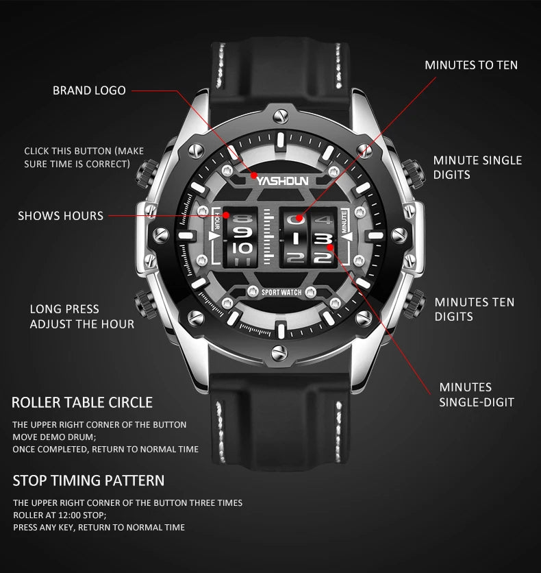 YASHIDUN Men Quartz Watch Roller Digital Dial Design Silicone Strap Versatile Wristwatch Clock Waterproof Military Sports Clock